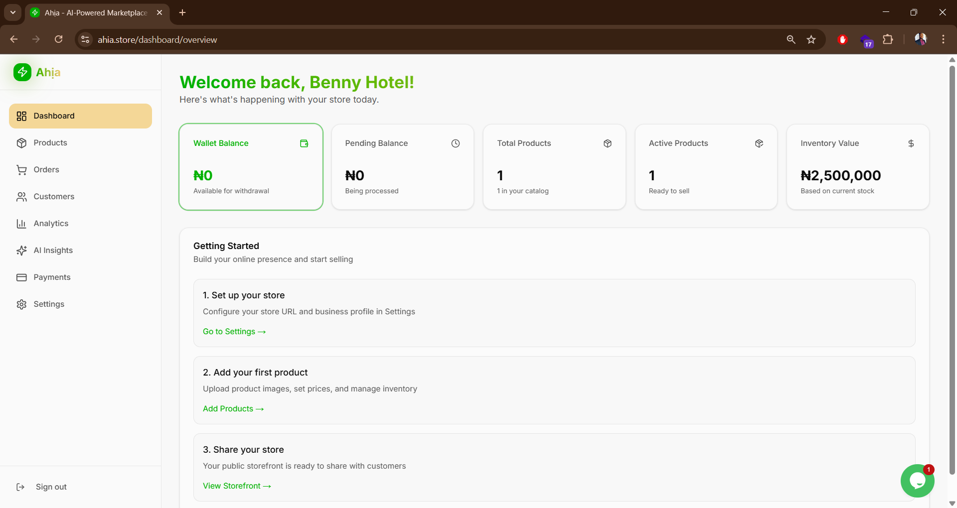 Ahịa merchant dashboard showing wallet, products and store setup